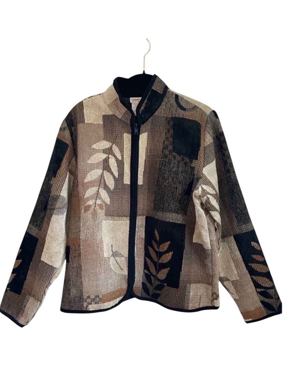 Coldwater Creek Neutral Tapestry-Style Knit Patchwork Leaf Zip Jacket M